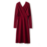 Womens Cashmere Wrap Dress Ribbed Knit Long Sleeve V Neck Midi Dresses Claret XS