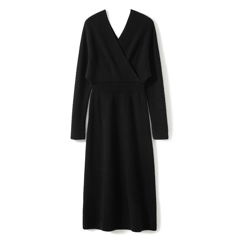 Womens Cashmere Wrap Dress Ribbed Knit Long Sleeve V Neck Midi Dresses Black XS
