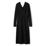 Womens Cashmere Wrap Dress Ribbed Knit Long Sleeve V Neck Midi Dresses Black XS