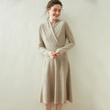 Womens Cashmere Wrap Dress Long Sleeve Elegant A - Line Midi Dress Taupe XS