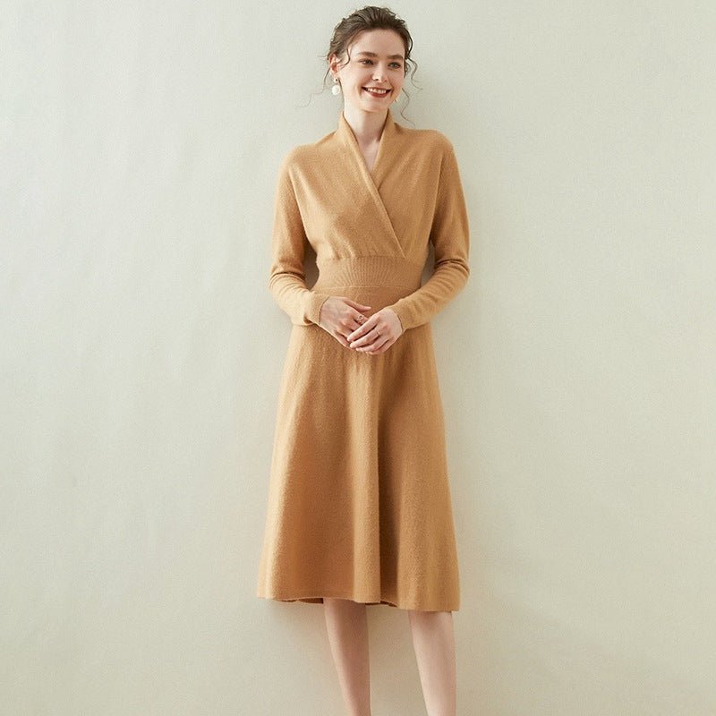 Womens Cashmere Wrap Dress Long Sleeve Elegant A - Line Midi Dress Beige XS