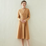 Womens Cashmere Wrap Dress Long Sleeve Elegant A - Line Midi Dress Beige XS