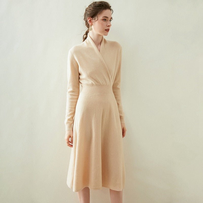 Womens Cashmere Wrap Dress Long Sleeve Elegant A - Line Midi Dress Beige XS