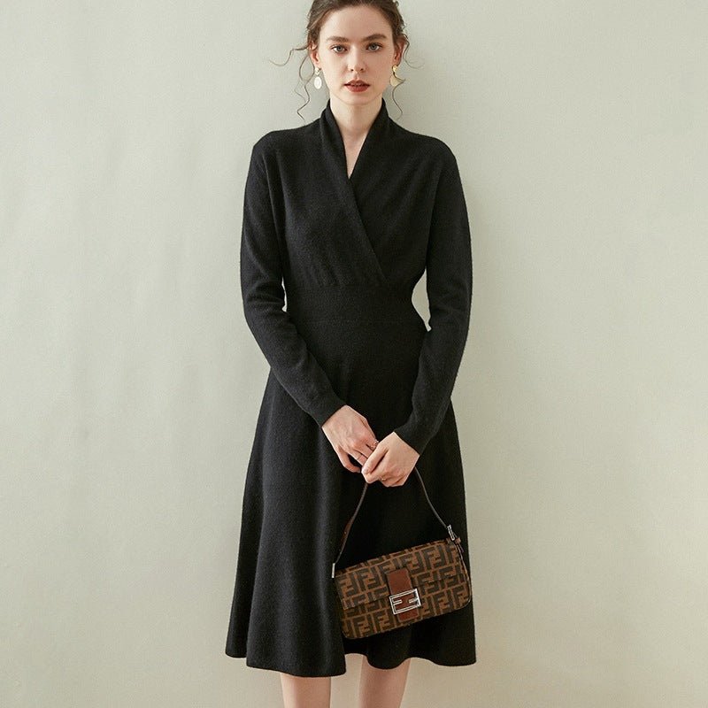 Womens Cashmere Wrap Dress Long Sleeve Elegant A - Line Midi Dress Black XS