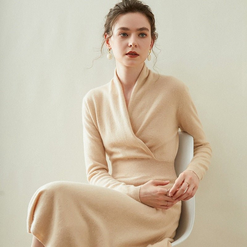 Womens Cashmere Wrap Dress Long Sleeve Elegant A - Line Midi Dress Beige XS