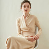 Womens Cashmere Wrap Dress Long Sleeve Elegant A - Line Midi Dress Beige XS