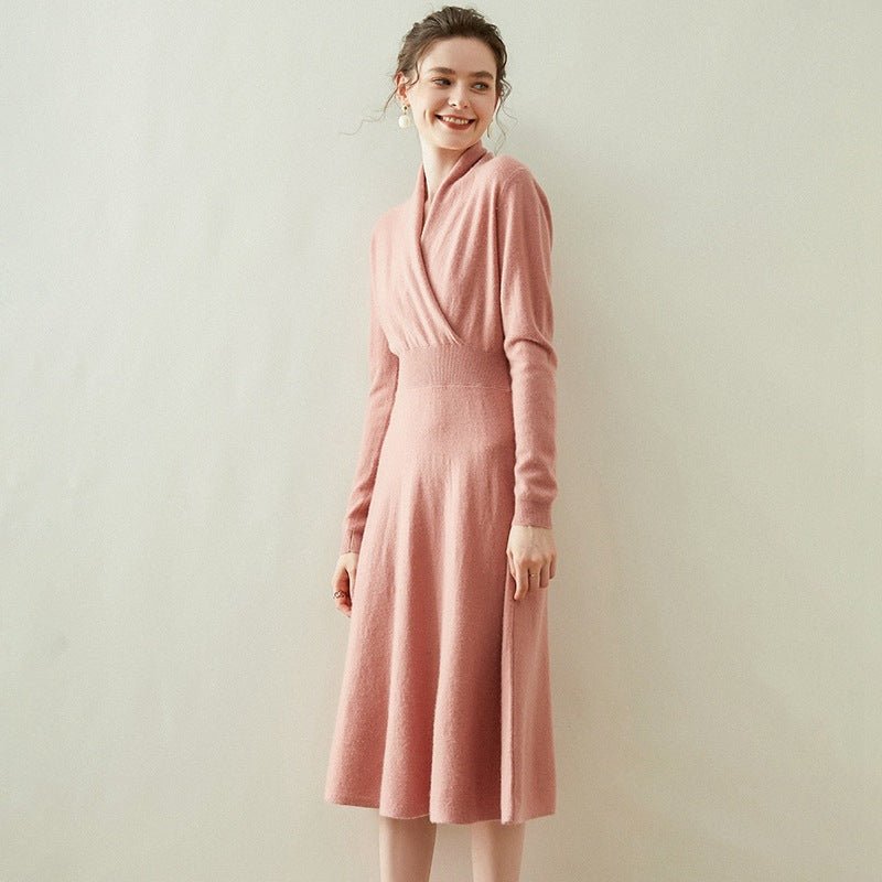 Womens Cashmere Wrap Dress Long Sleeve Elegant A - Line Midi Dress Pink XS