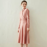 Womens Cashmere Wrap Dress Long Sleeve Elegant A - Line Midi Dress Pink XS