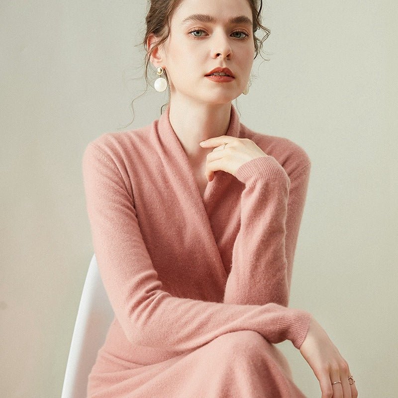 Womens Cashmere Wrap Dress Long Sleeve Elegant A - Line Midi Dress Pink XS