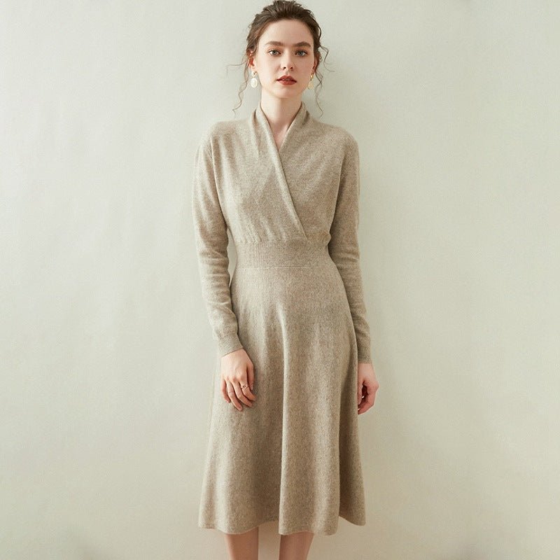 Womens Cashmere Wrap Dress Long Sleeve Elegant A - Line Midi Dress Taupe XS