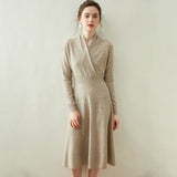 Womens Cashmere Wrap Dress Long Sleeve Elegant A - Line Midi Dress Taupe XS