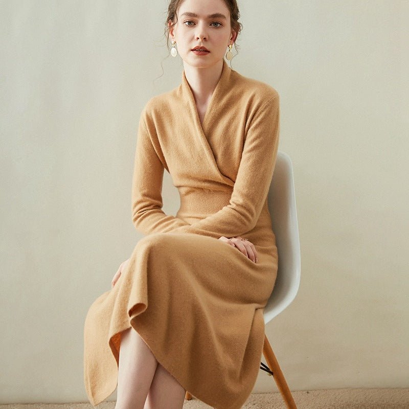 Womens Cashmere Wrap Dress Long Sleeve Elegant A - Line Midi Dress Camel XS
