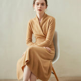 Womens Cashmere Wrap Dress Long Sleeve Elegant A - Line Midi Dress Camel XS