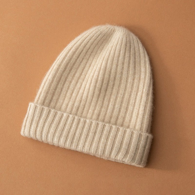 Unisex Ribbed Knit Cashmere Hats Warm Deep Cashmere Beanie Beige M