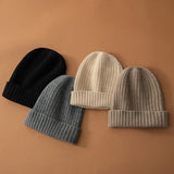 Unisex Ribbed Knit Cashmere Hats Warm Deep Cashmere Beanie Black M
