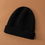 Unisex Ribbed Knit Cashmere Hats Warm Deep Cashmere Beanie Black M