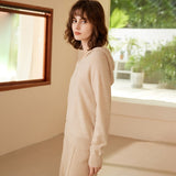 Womens Solid Cashmere Hoodies V Neck Long Sleeve Cashmere Hood Sweater Beige XS