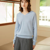 Womens Solid Cashmere Hoodies V Neck Long Sleeve Cashmere Hood Sweater Blue XS