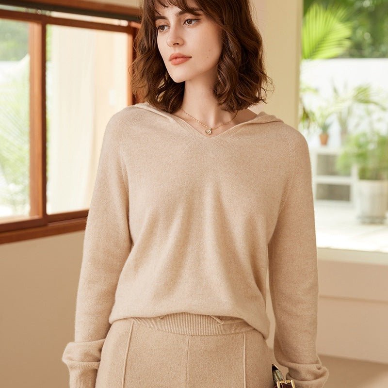Womens Solid Cashmere Hoodies V Neck Long Sleeve Cashmere Hood Sweater Beige XS