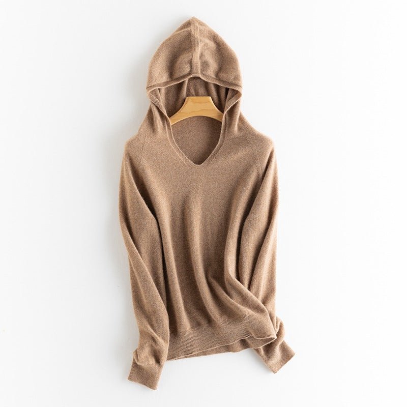 Womens Solid Cashmere Hoodies V Neck Long Sleeve Cashmere Hood Sweater Taupe XS