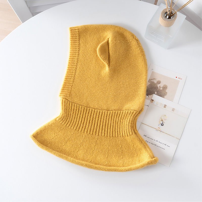 Womens Bear Ear Cashmere Balaclava Cute Cashmere Knit Hood Yellow M