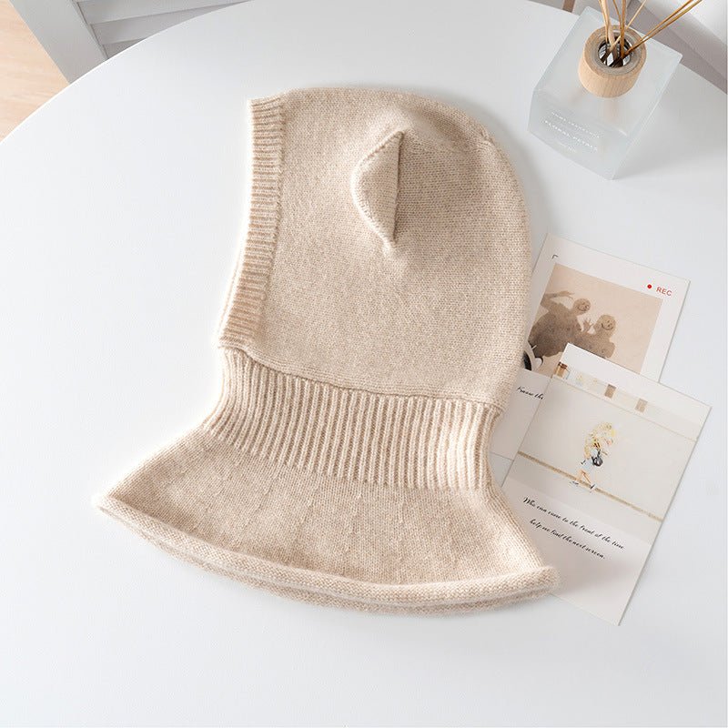 Womens Bear Ear Cashmere Balaclava Cute Cashmere Knit Hood Beige M