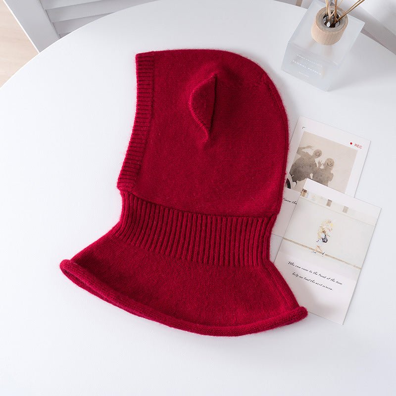 Womens Bear Ear Cashmere Balaclava Cute Cashmere Knit Hood Claret M