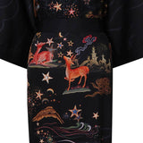 Women's Deer Prints Silk Kimono Robes Stars Silk Bathrobe Black One size fits most