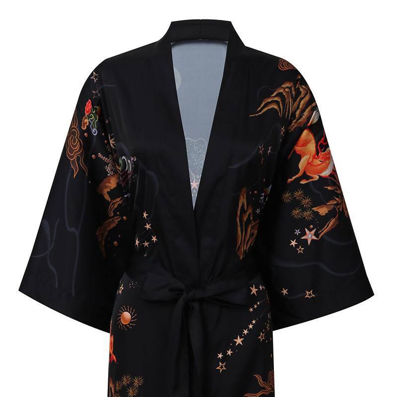 Women's Deer Prints Silk Kimono Robes Stars Silk Bathrobe Black One size fits most