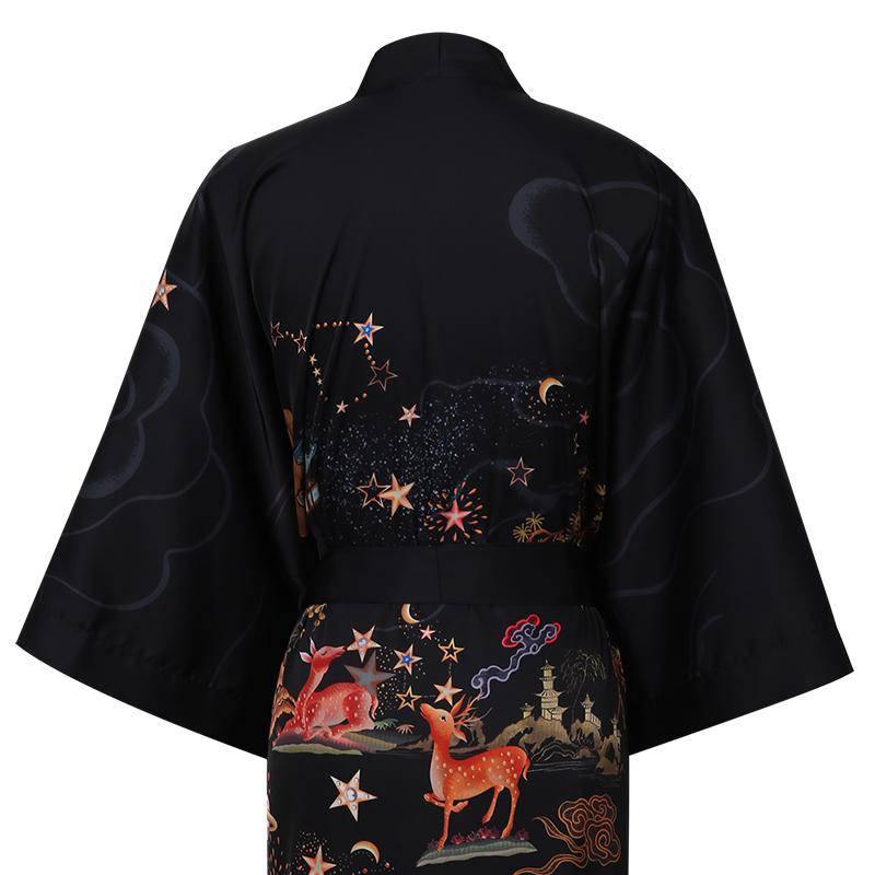 Women's Deer Prints Silk Kimono Robes Stars Silk Bathrobe Black One size fits most