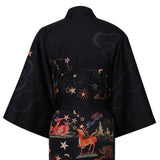 Women's Deer Prints Silk Kimono Robes Stars Silk Bathrobe Black One size fits most