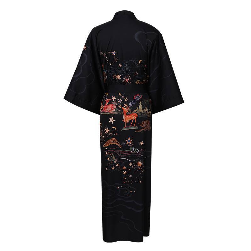 Women's Deer Prints Silk Kimono Robes Stars Silk Bathrobe Black One size fits most