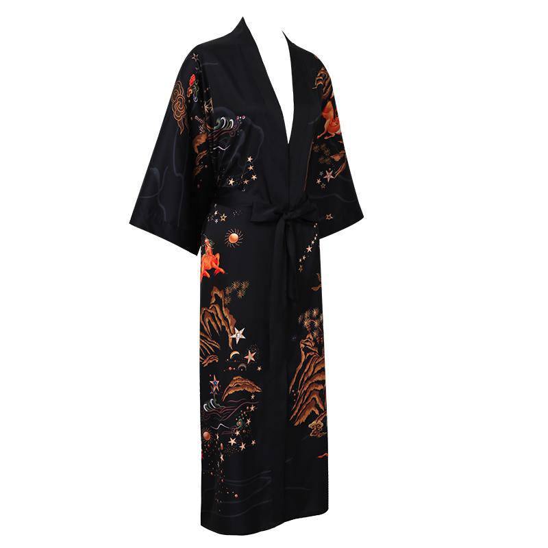 Women's Deer Prints Silk Kimono Robes Stars Silk Bathrobe Black One size fits most