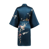 Women's Blossom Printing Short Pure Silk Kimono Robes Dark Teal One size fits most