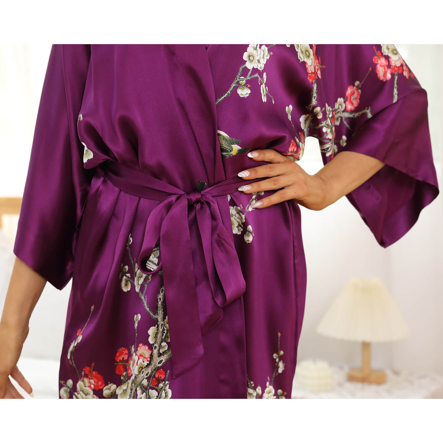 Women's Blossom Printing Short Pure Silk Kimono Robes Purple One size fits most