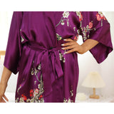 Women's Blossom Printing Short Pure Silk Kimono Robes Purple One size fits most