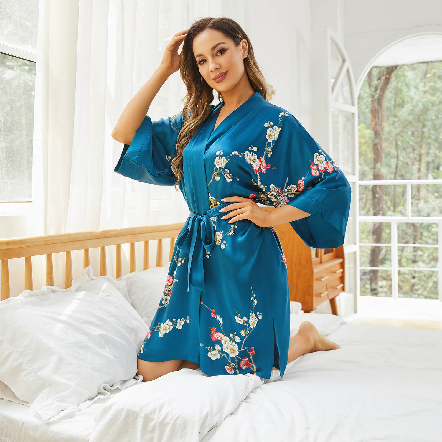 Women's Blossom Printing Short Pure Silk Kimono Robes Dark Teal One size fits most