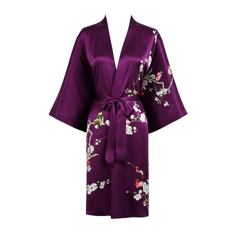 Women's Blossom Printing Short Pure Silk Kimono Robes Purple One size fits most