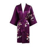 Women's Blossom Printing Short Pure Silk Kimono Robes Purple One size fits most