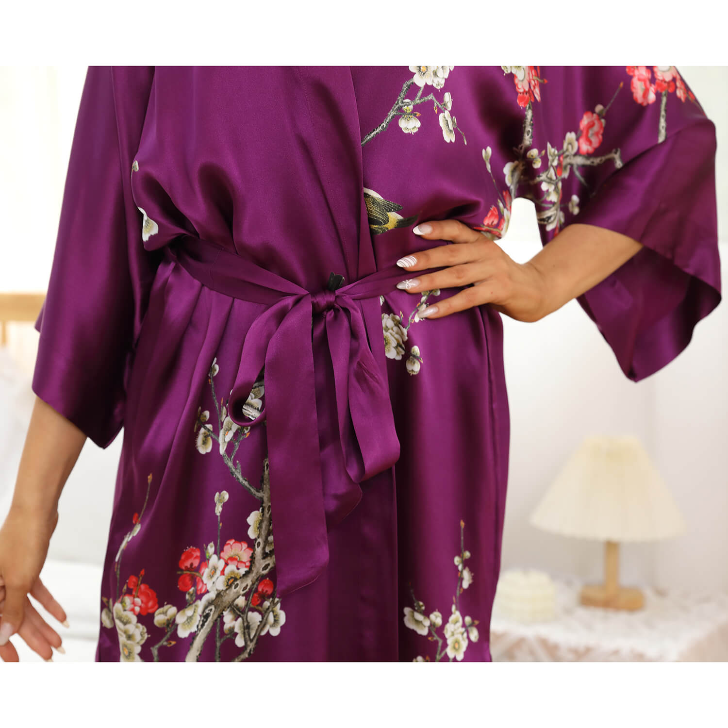 Women's Blossom Printing Short Pure Silk Kimono Robes Purple One size fits most