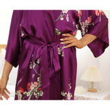 Women's Blossom Printing Short Pure Silk Kimono Robes Purple One size fits most