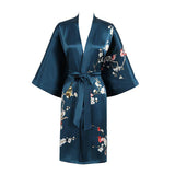 Women's Blossom Printing Short Pure Silk Kimono Robes Dark Teal One size fits most