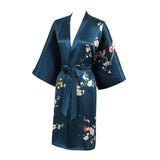 Women's Blossom Printing Short Pure Silk Kimono Robes Dark Teal One size fits most