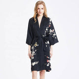 Women's Blossom Printing Short Pure Silk Kimono Robes Black One size fits most