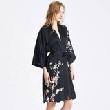 Women's Blossom Printing Short Pure Silk Kimono Robes Black One size fits most