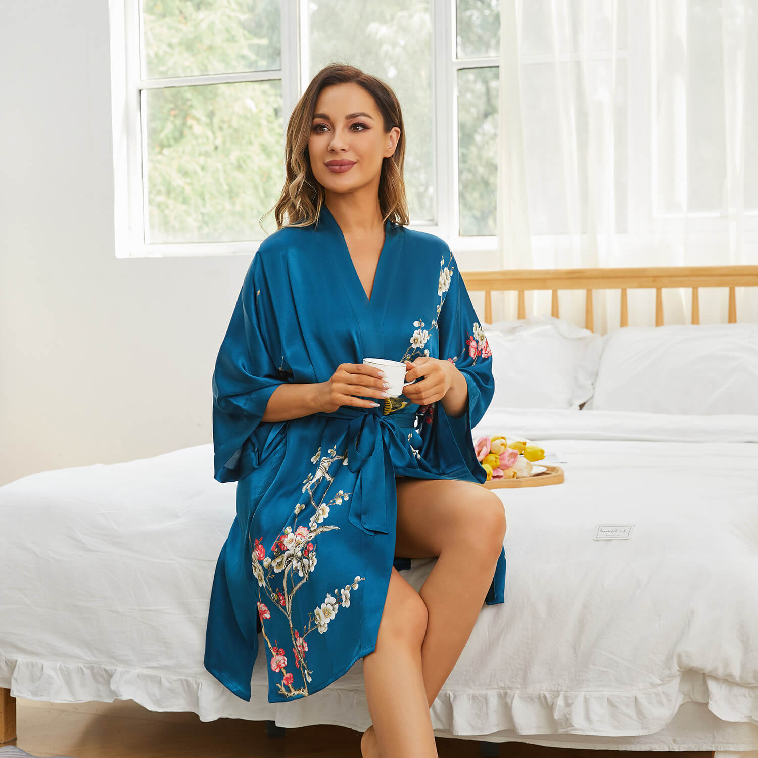 Women's Blossom Printing Short Pure Silk Kimono Robes Dark Teal One size fits most