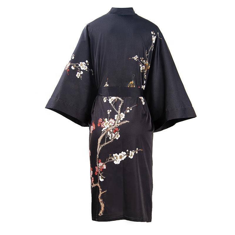 Women's Blossom Printing Short Pure Silk Kimono Robes Black One size fits most