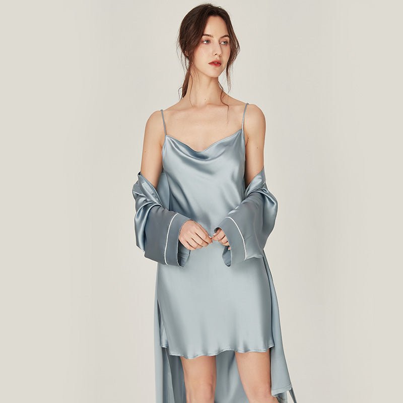 Womens Silk Nightgown And Robe Set Cowl Neck Pure Silk Sleepwear