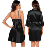 Womens Silk Nightgown And Robe Set Two Pieces Silk Sleepwear Black XS