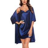 Womens Silk Nightgown And Robe Set Two Pieces Silk Sleepwear Navy Blue XS